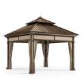 Tonnelle de jardin 400 x 300 x 320 cm en métal brun avec rideaux - pavillon extérieur à toit double