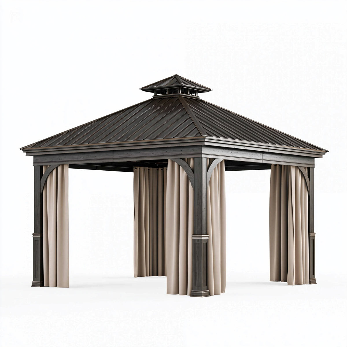 Tonnelle de jardin 300 x 300 x 300 cm acier et toit métallique marron avec rideaux