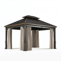Pavillon de jardin 300 x 300 x 300 cm en métal noir avec rideaux beiges et toit ventilé