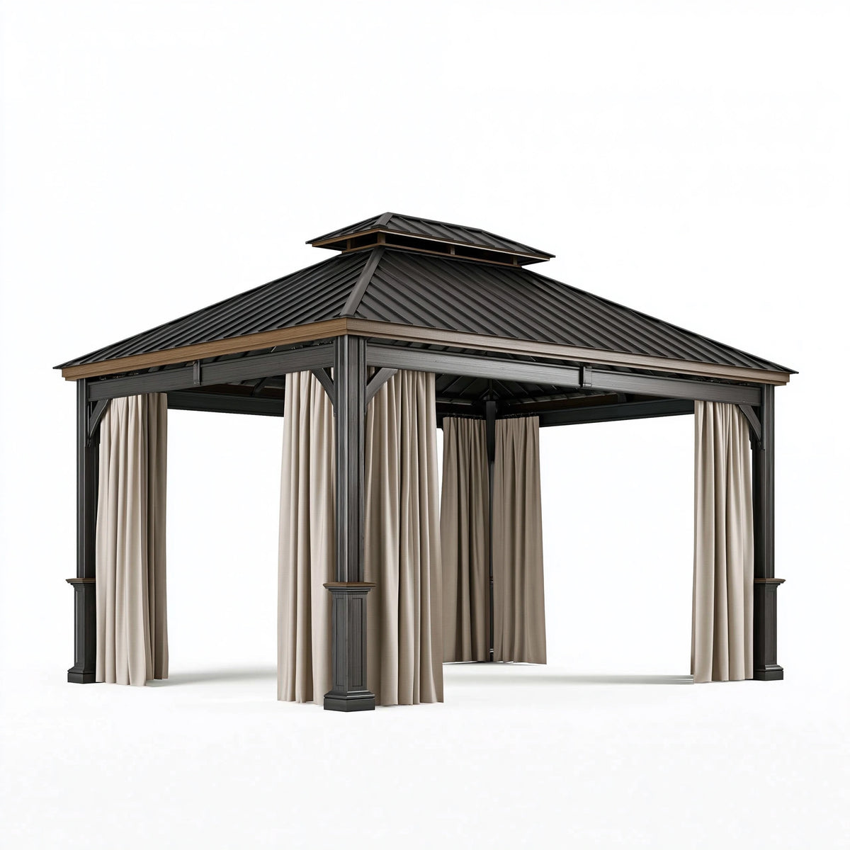Pavillon de jardin 300 x 300 x 300 cm en métal noir avec rideaux beiges et toit ventilé