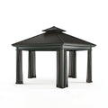 Tonnelle de jardin 300 x 300 x 290 cm en métal noir avec toit rigide et rideaux