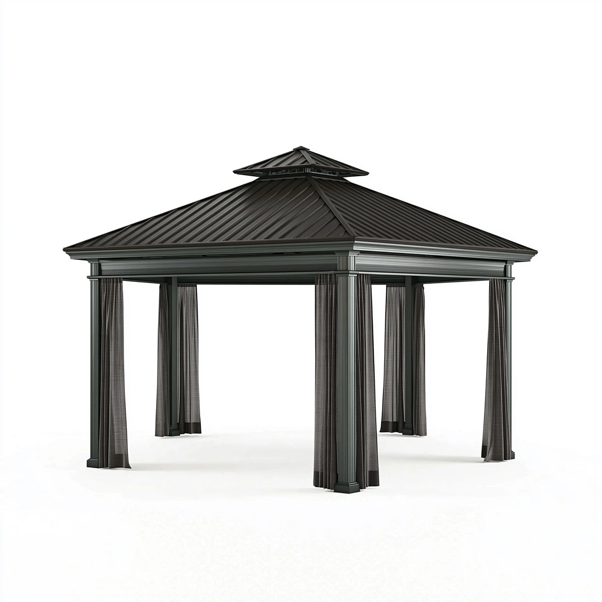 Tonnelle de jardin 300 x 300 x 290 cm en métal noir avec toit rigide et rideaux