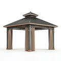 Pavillon de jardin 300 x 300 cm en métal noir et brun avec rideaux style contemporain