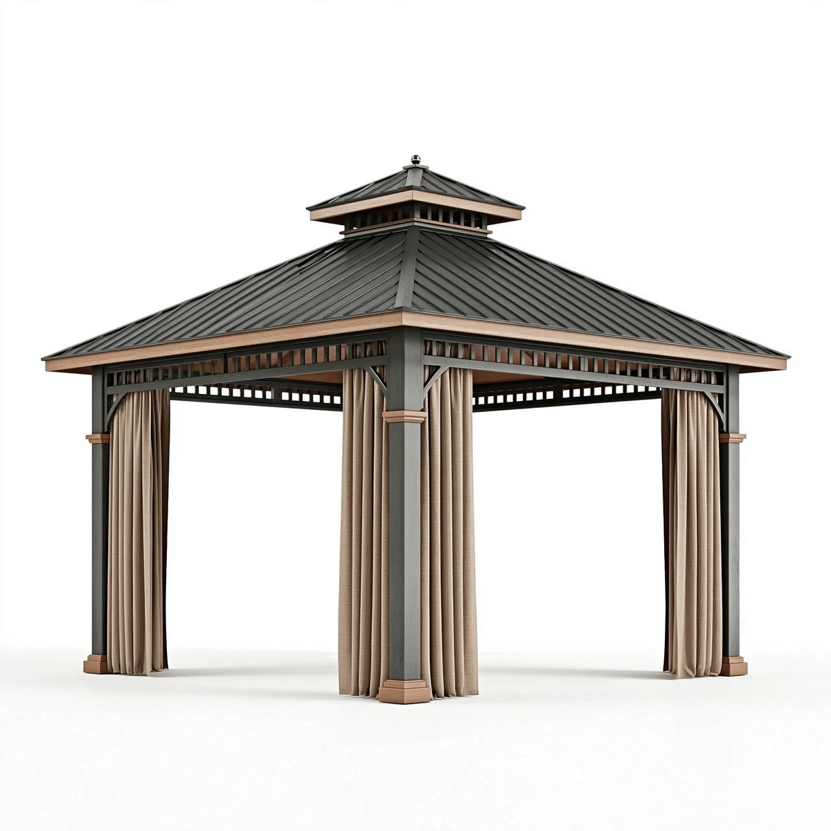 Pavillon de jardin 300 x 300 cm en métal noir et brun avec rideaux style contemporain