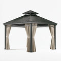 Tonnelle de jardin 300 x 300 x 280 cm en métal noir avec rideaux beiges - pavillon extérieur classique