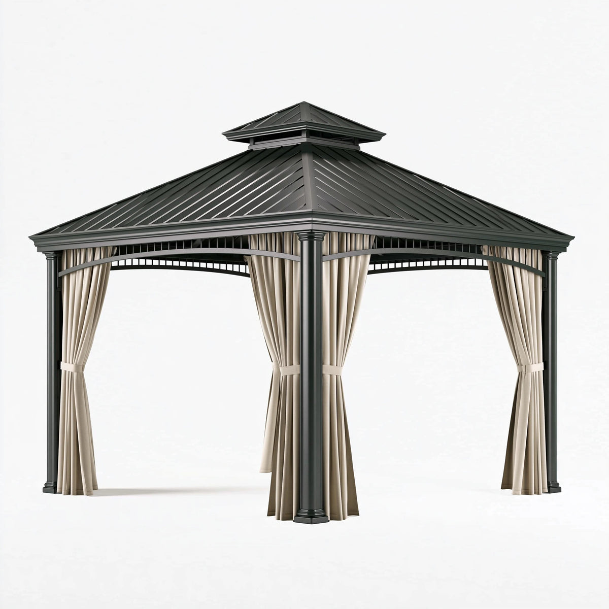 Tonnelle de jardin 300 x 300 x 280 cm en métal noir avec rideaux beiges - pavillon extérieur classique