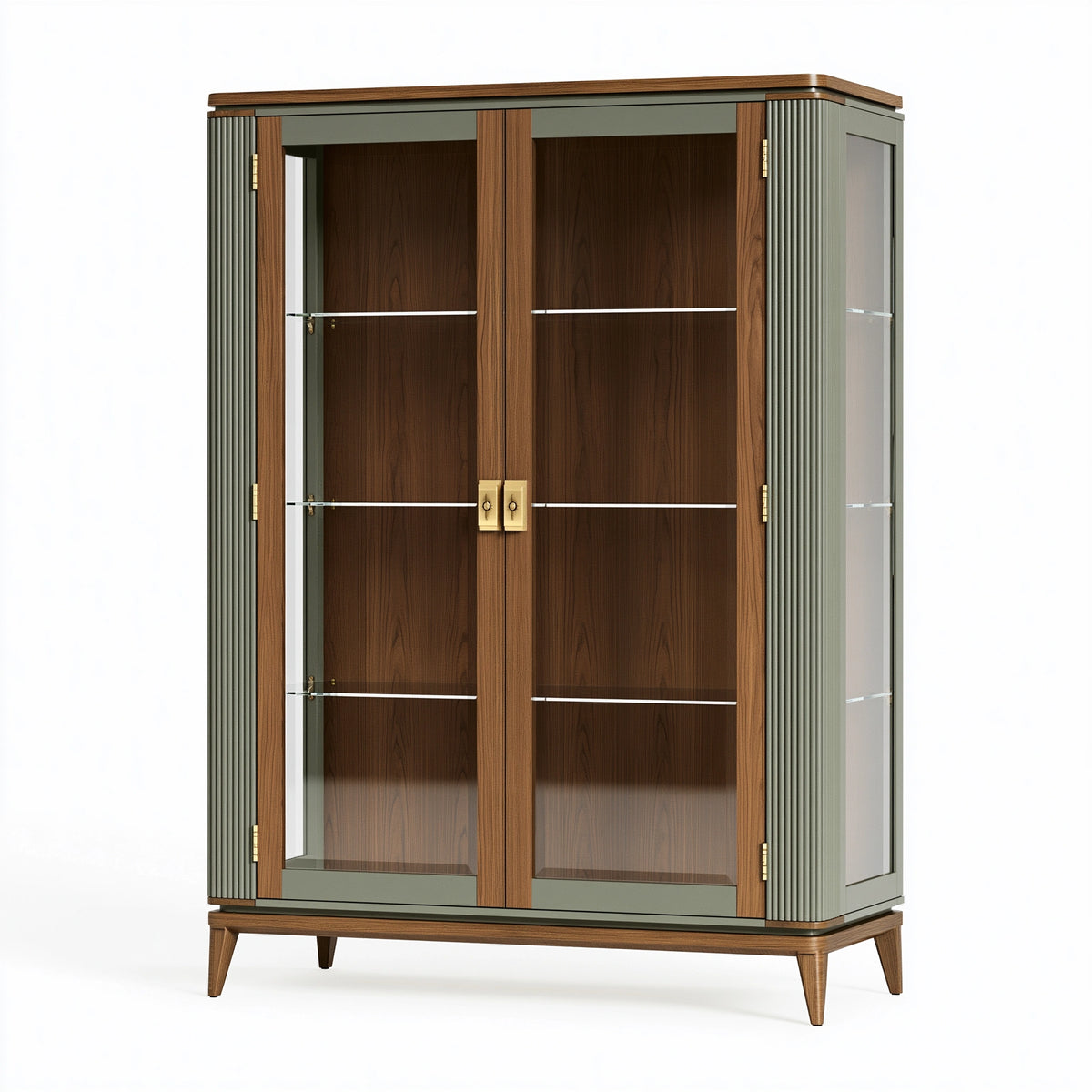 Vitrine 100 x 45 x 180 cm en bois et verre vert olive marron - rangement à 2 portes style vintage