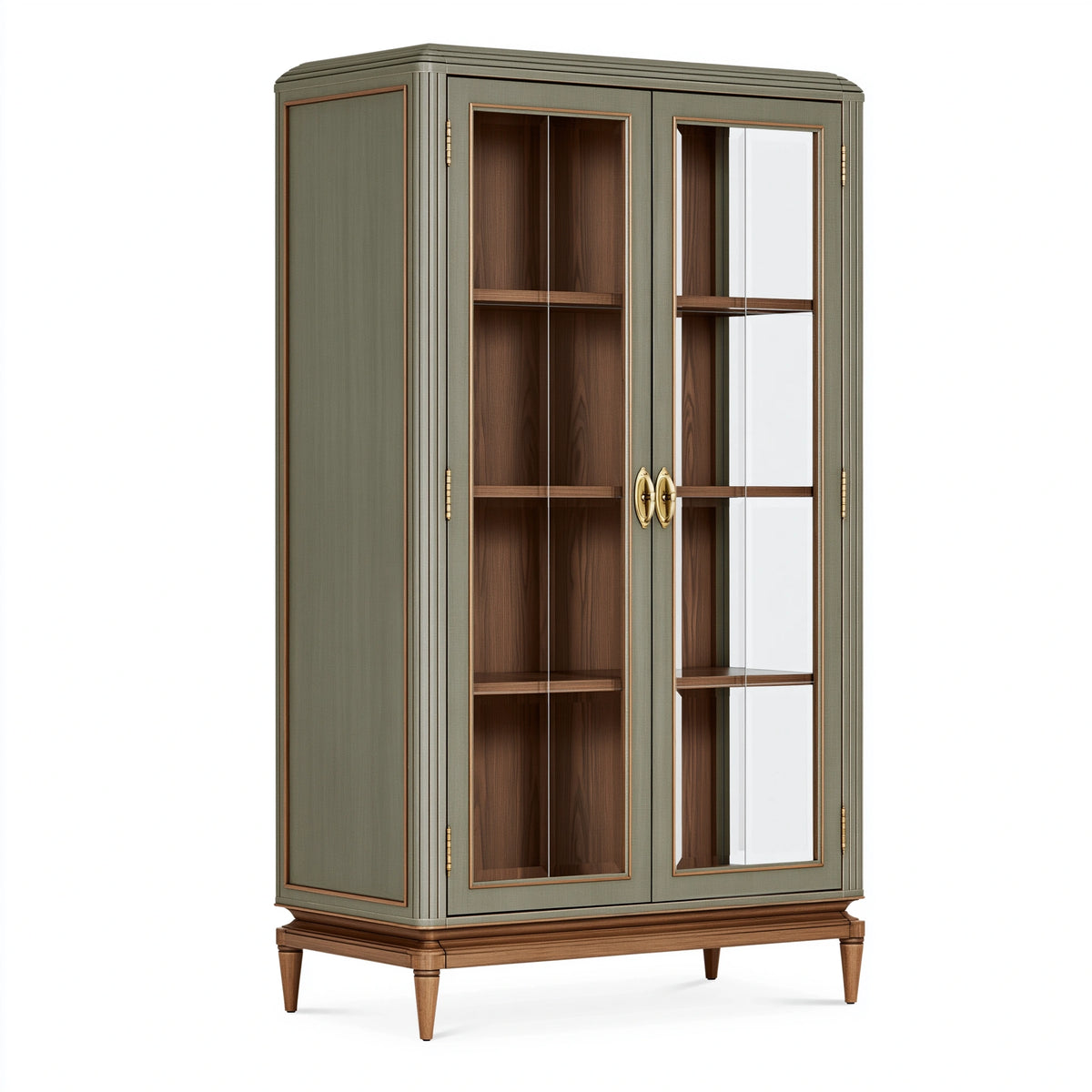 Vitrine 100 x 45 x 190 cm en bois et verre vert olive style classique à 2 portes