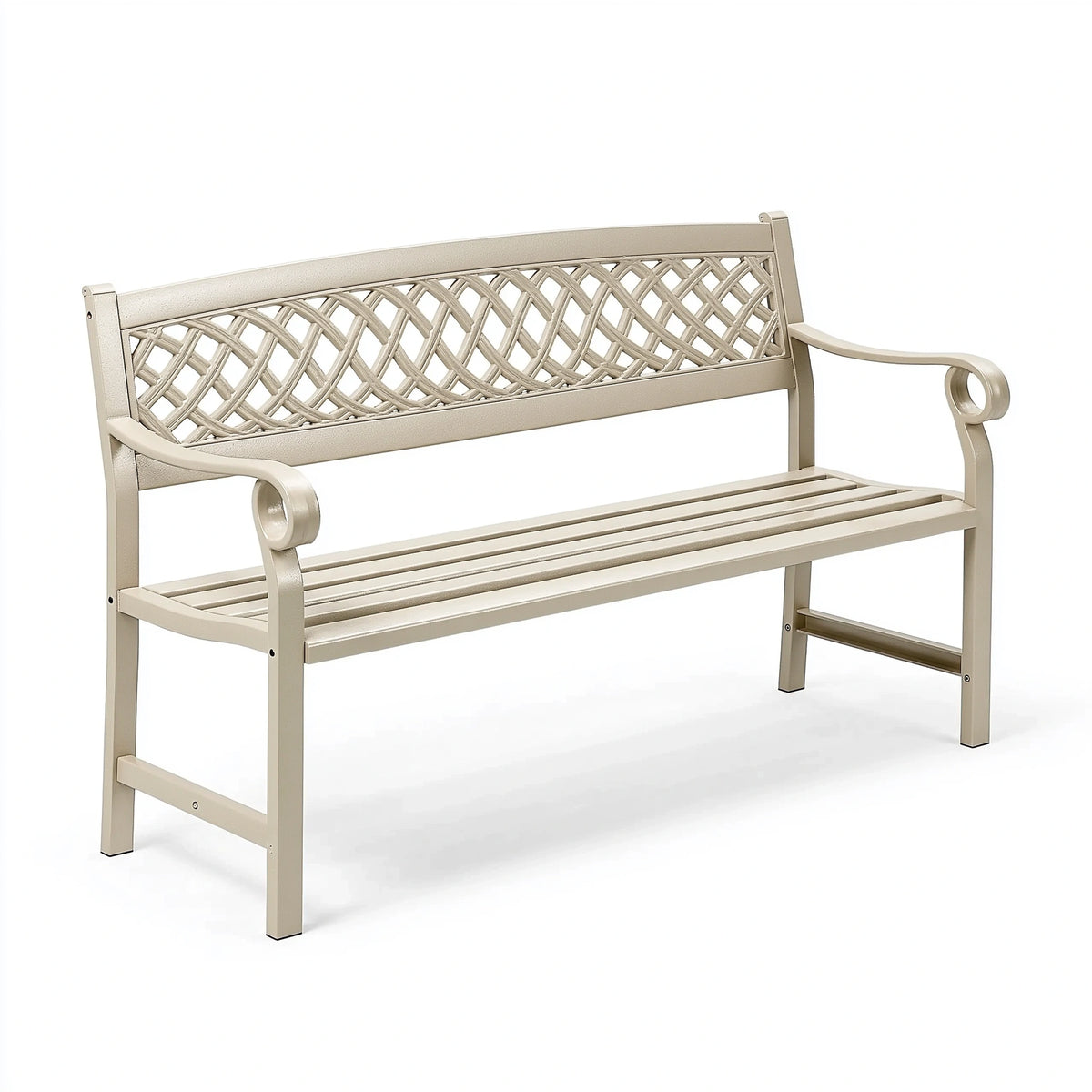 Banc de jardin 122 cm en métal beige à dossier ajouré style classique