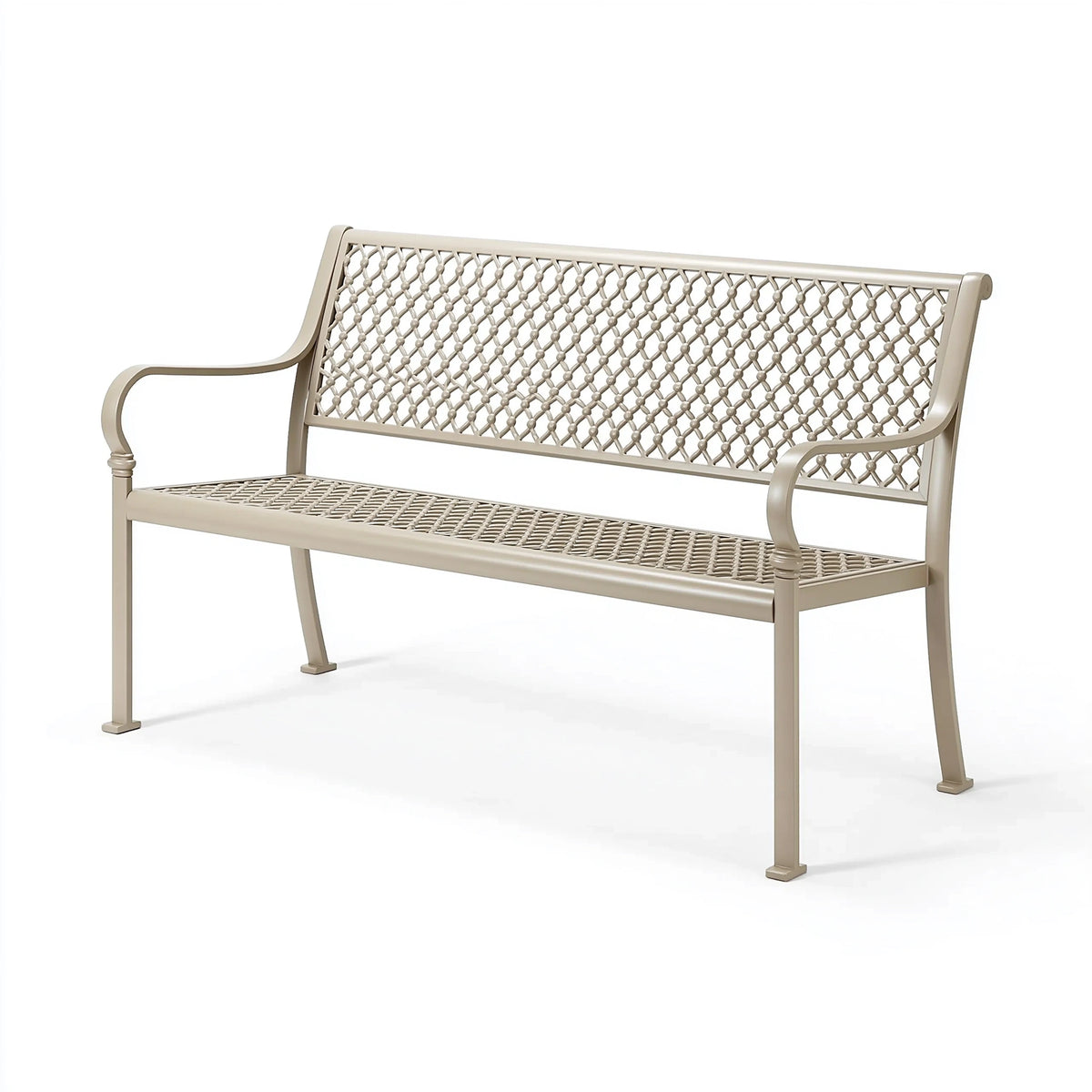 Banc de jardin 122 x 61 x 91 cm en métal beige à dossier ajouré avec accoudoirs