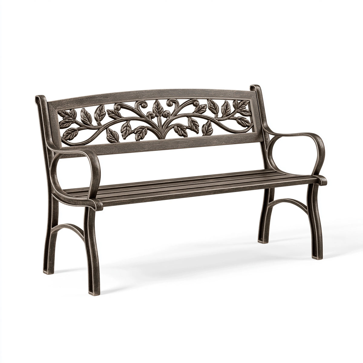 Banc de jardin 122 x 61 x 89 cm en métal brun foncé à motif feuillage