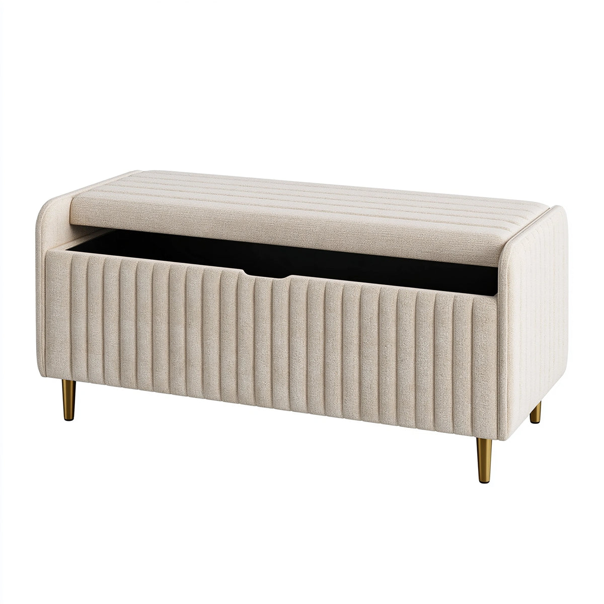 Banc de rangement 100 cm en tissu beige avec pieds métalliques dorés - style contemporain